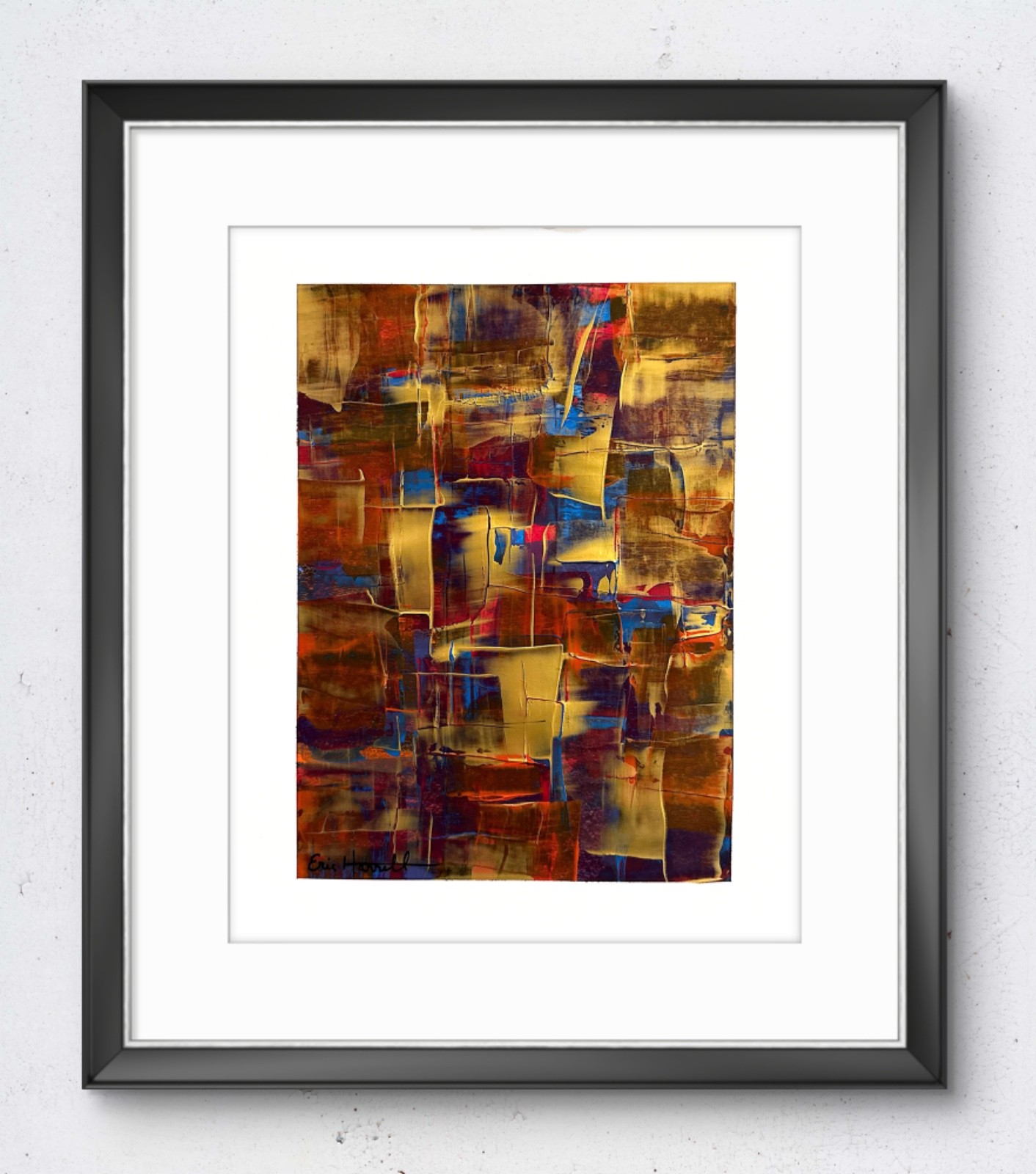 Original Gold Abstract Art 14×11 Paper Bold Color Modern Expressionism Painting