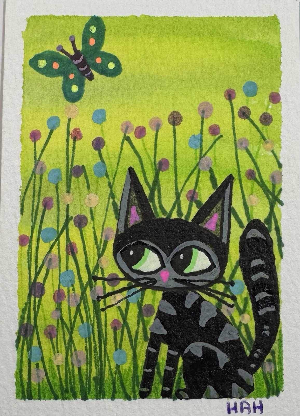 ACEO Original Watercolor and Acrylic Abstract Cat With Flowers 2.5 X 3.5 Inches