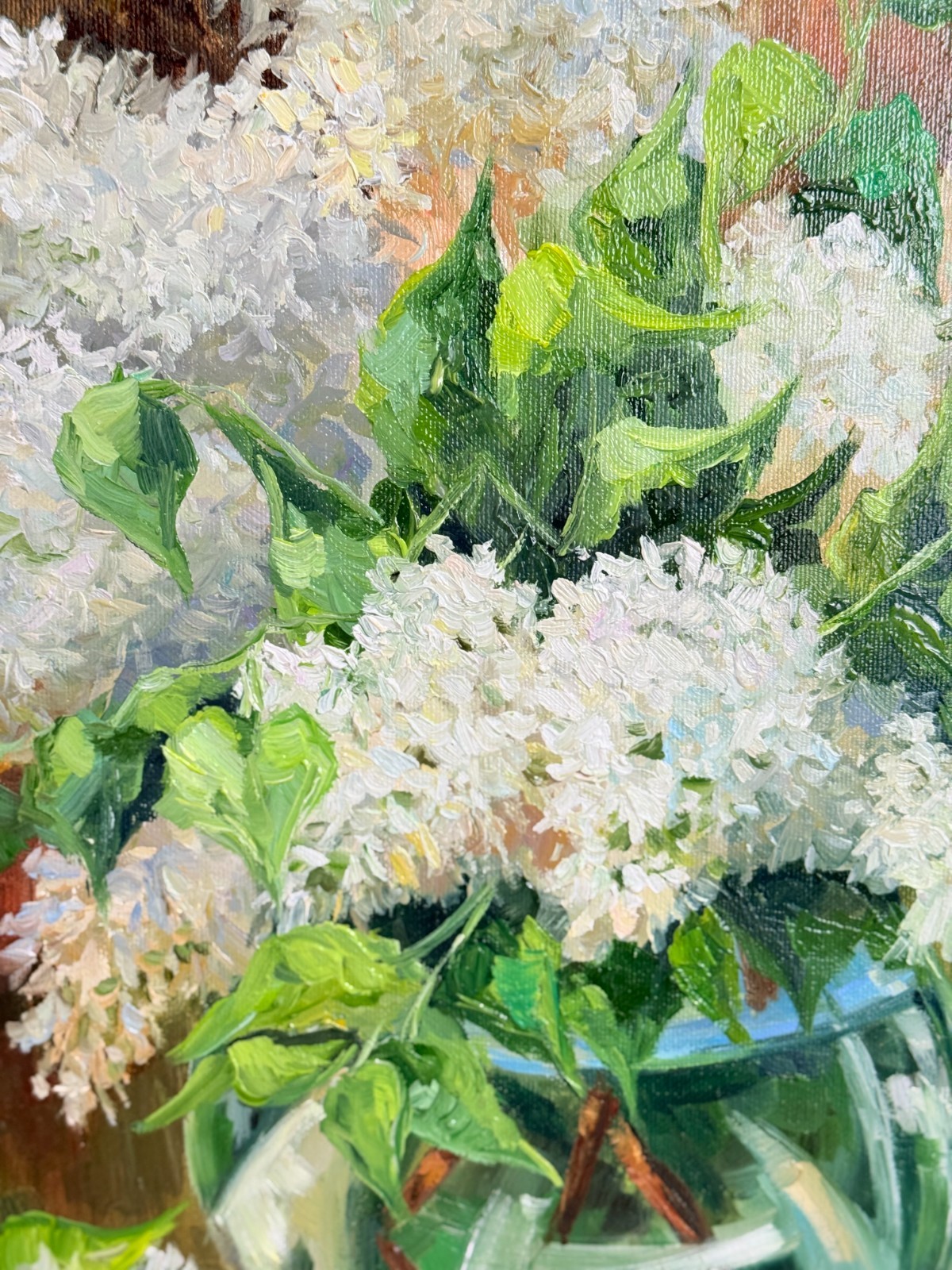 Original Oil Painting White Lilac Flowers Spring Still Life Art Signed 16×16 in