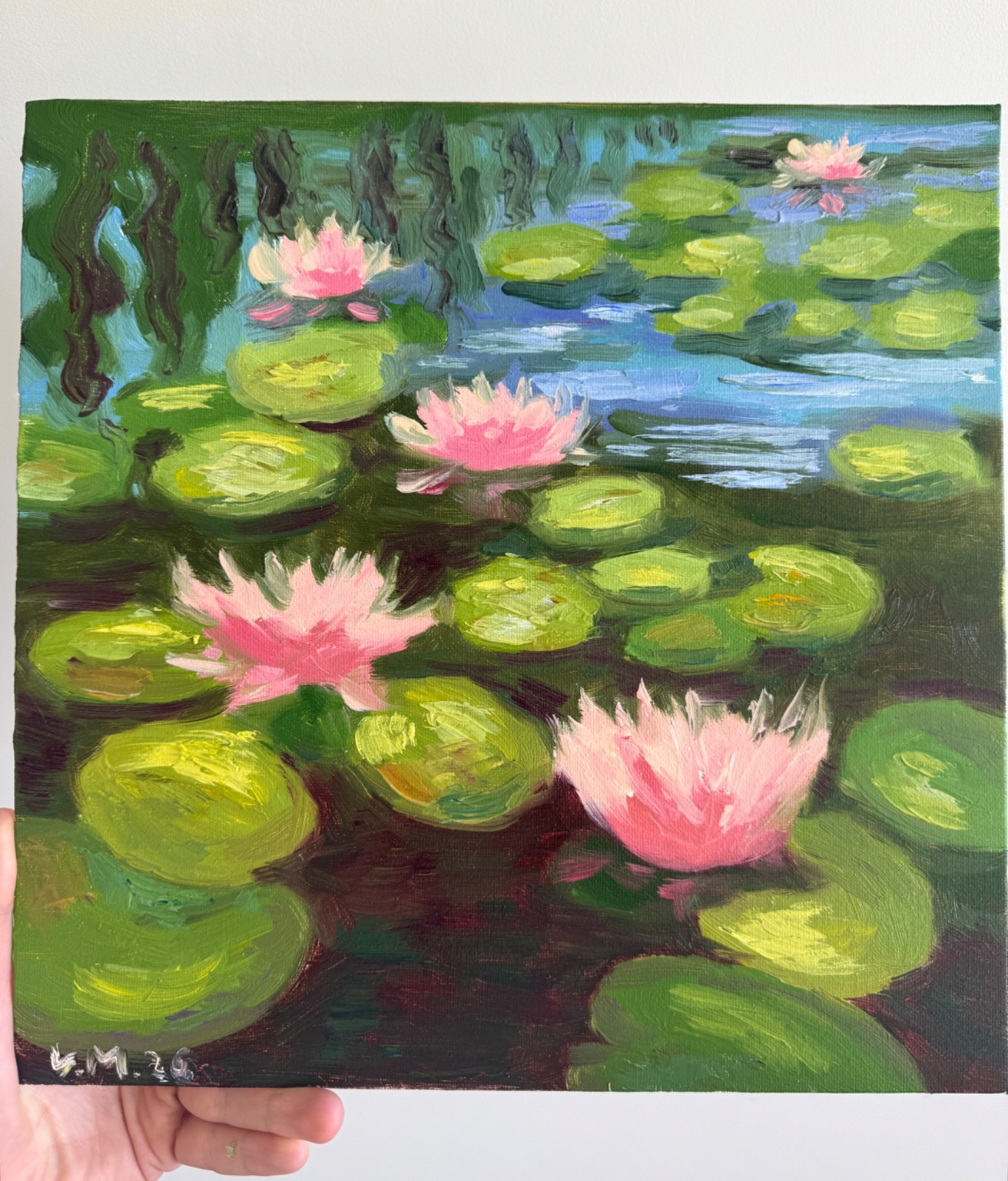 Original Oil Landscape Painting Water Lilies Impressionism Signed Wall Art 12×12