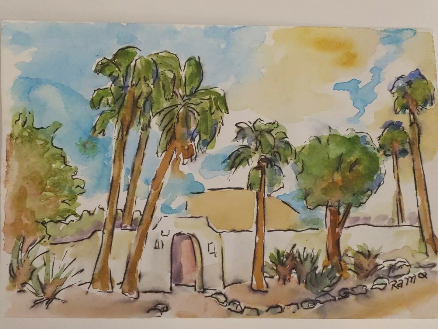 La Quinta Oasis Retreat Gate Original 4X6 Line & Wash Watercolor RAMfish Artist