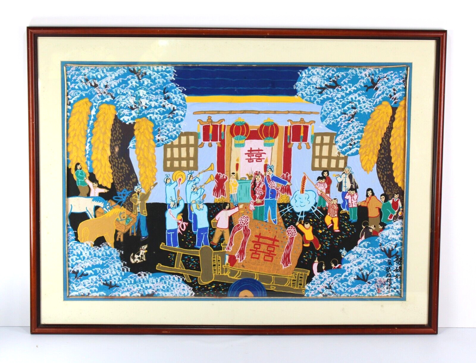 Asian Chinese Festival Folk Art Farmer Watercolor Painting Seal Marks Signed