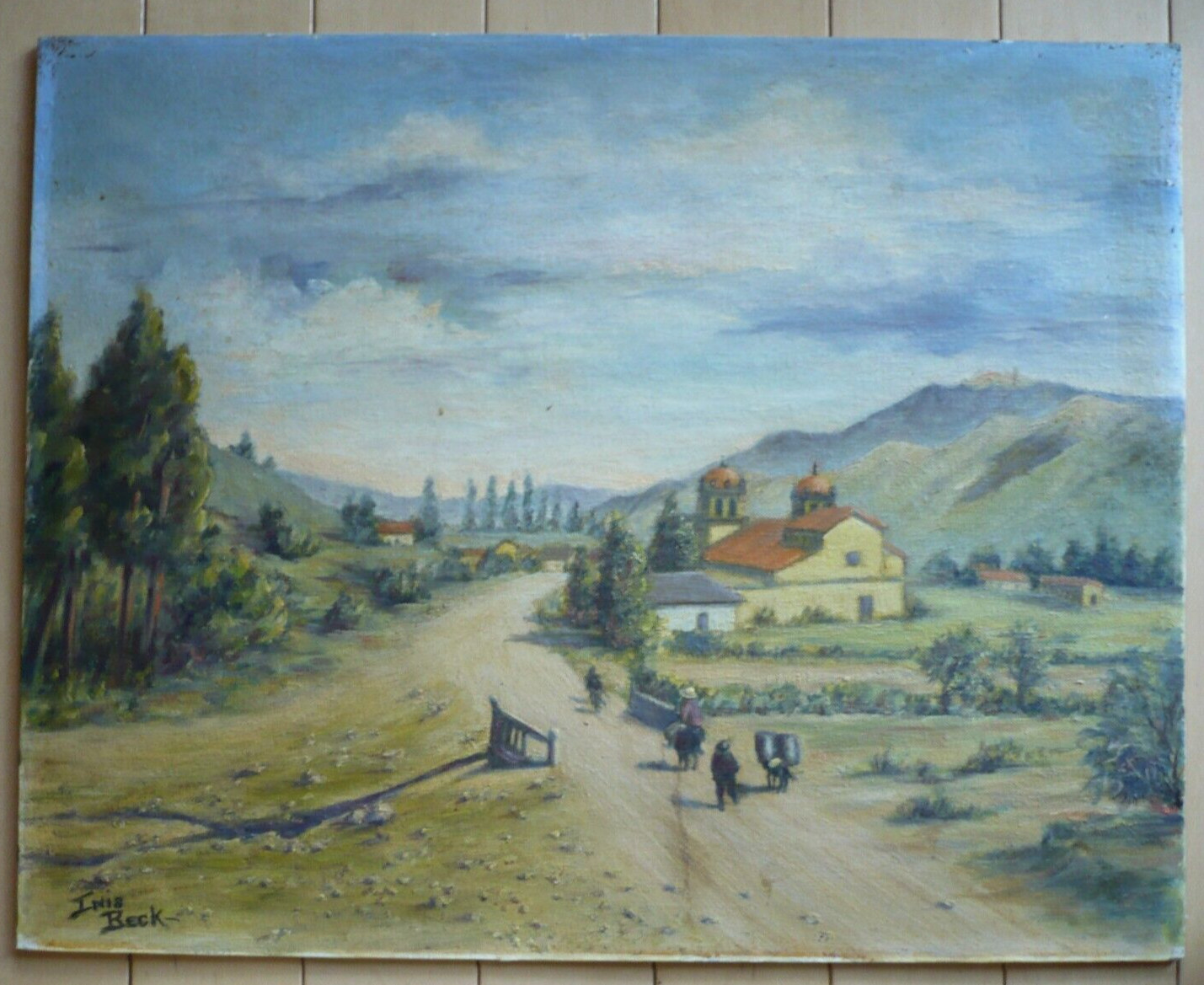 INIS BECK, VINTAGE RURAL LANDSCAPE SIGNED OIL MISSION OLD PUEBLO BURRO MEXICO ?