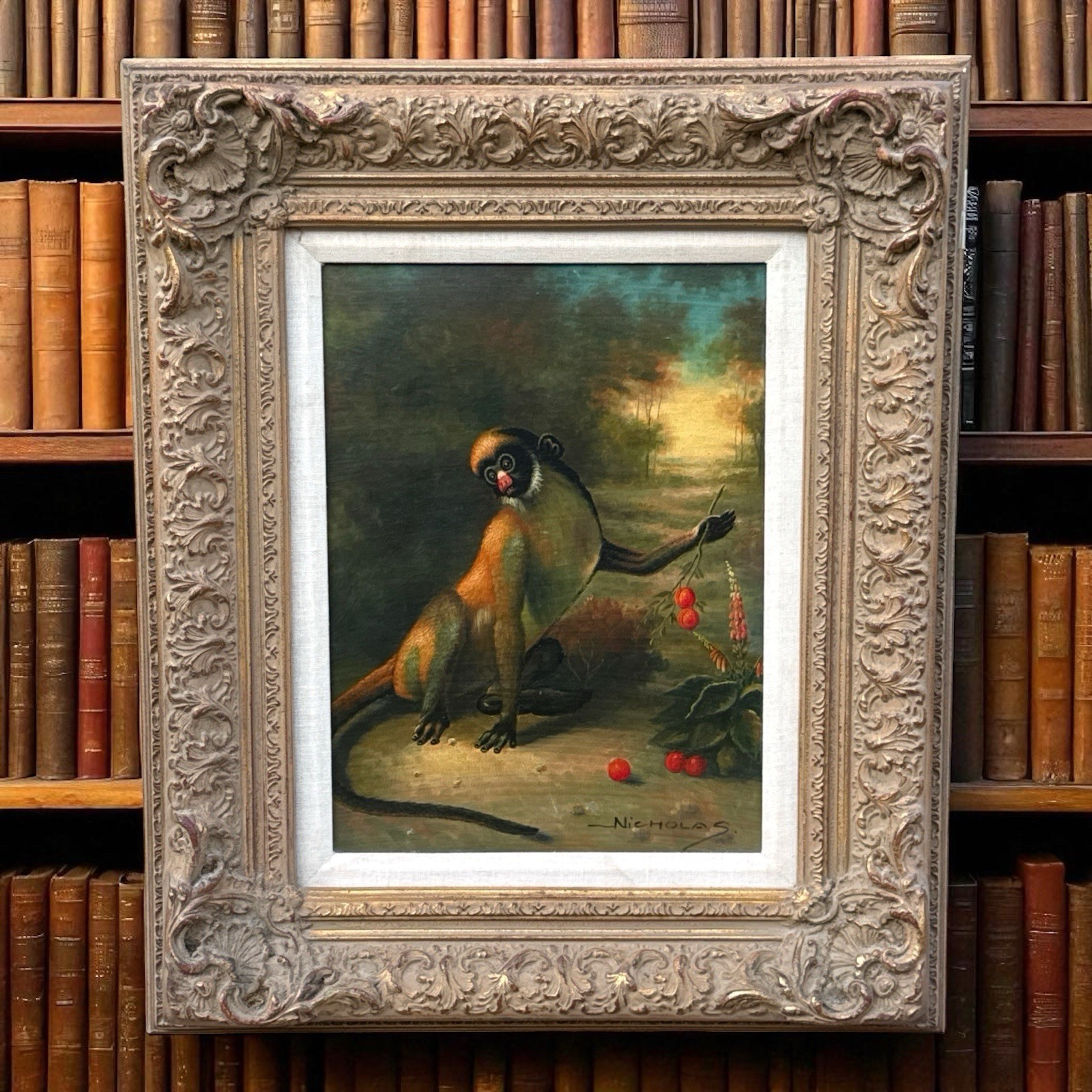MONKEY WITH FRUIT IN FOREST OIL PAINTING BAROQUE FRAME ~ ARTIST “NICHOLAS”