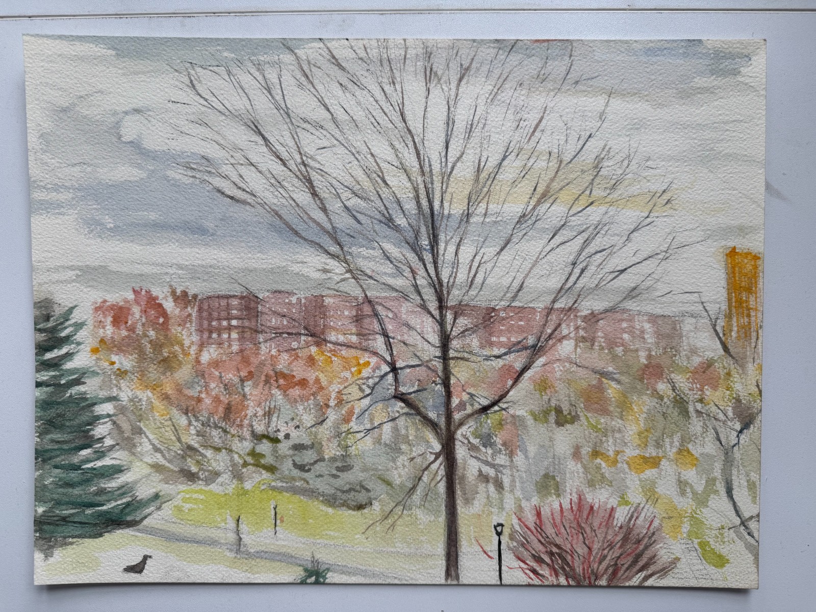 Vintage Watercolor Painting City Park Field Autumn Fall 13 x 10