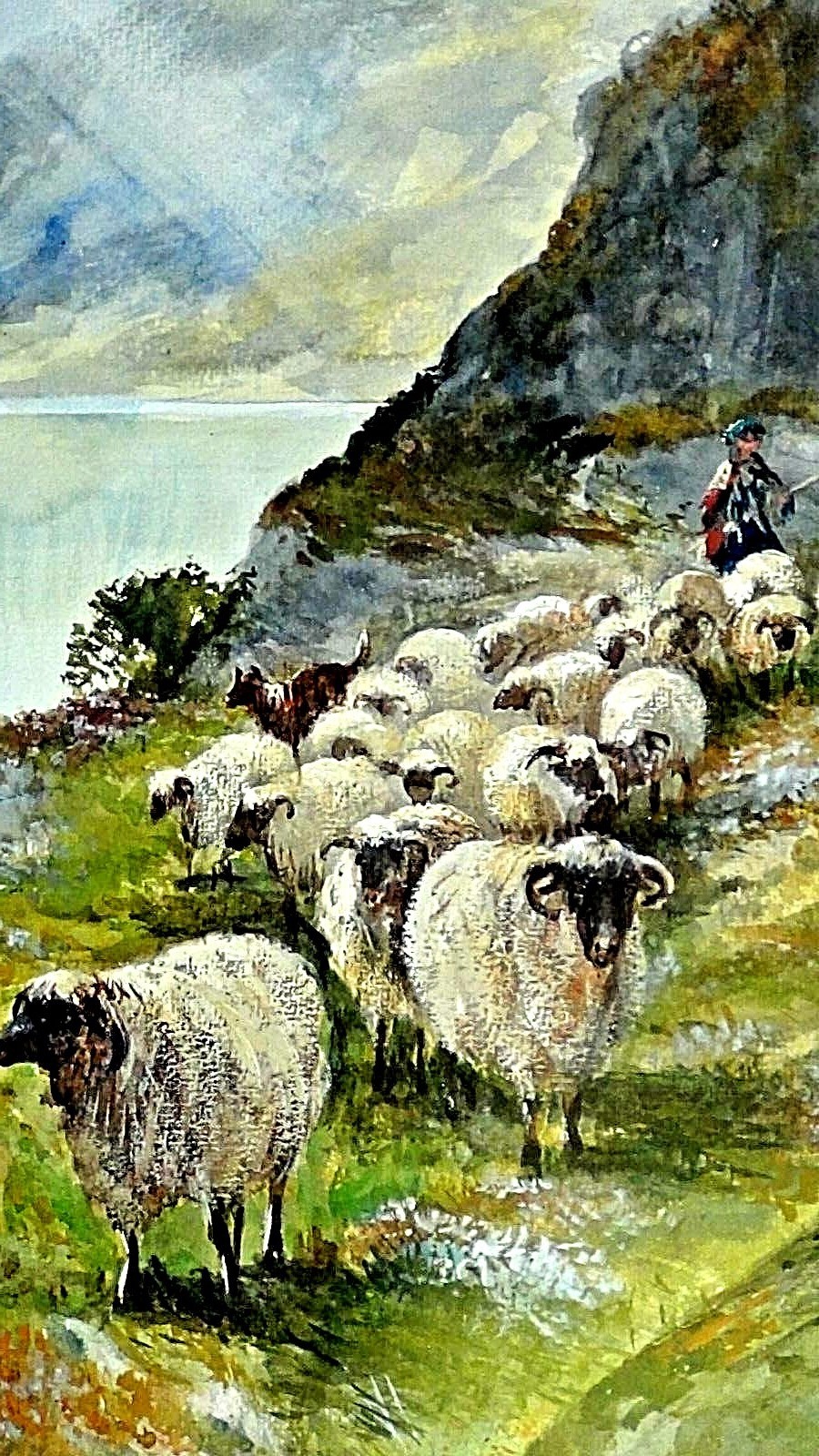 STUART FORBES (19c, BRITISH) ORIGINAL WATERCOLOR OF SHEEPHERD & SHEEPS,SIGNED
