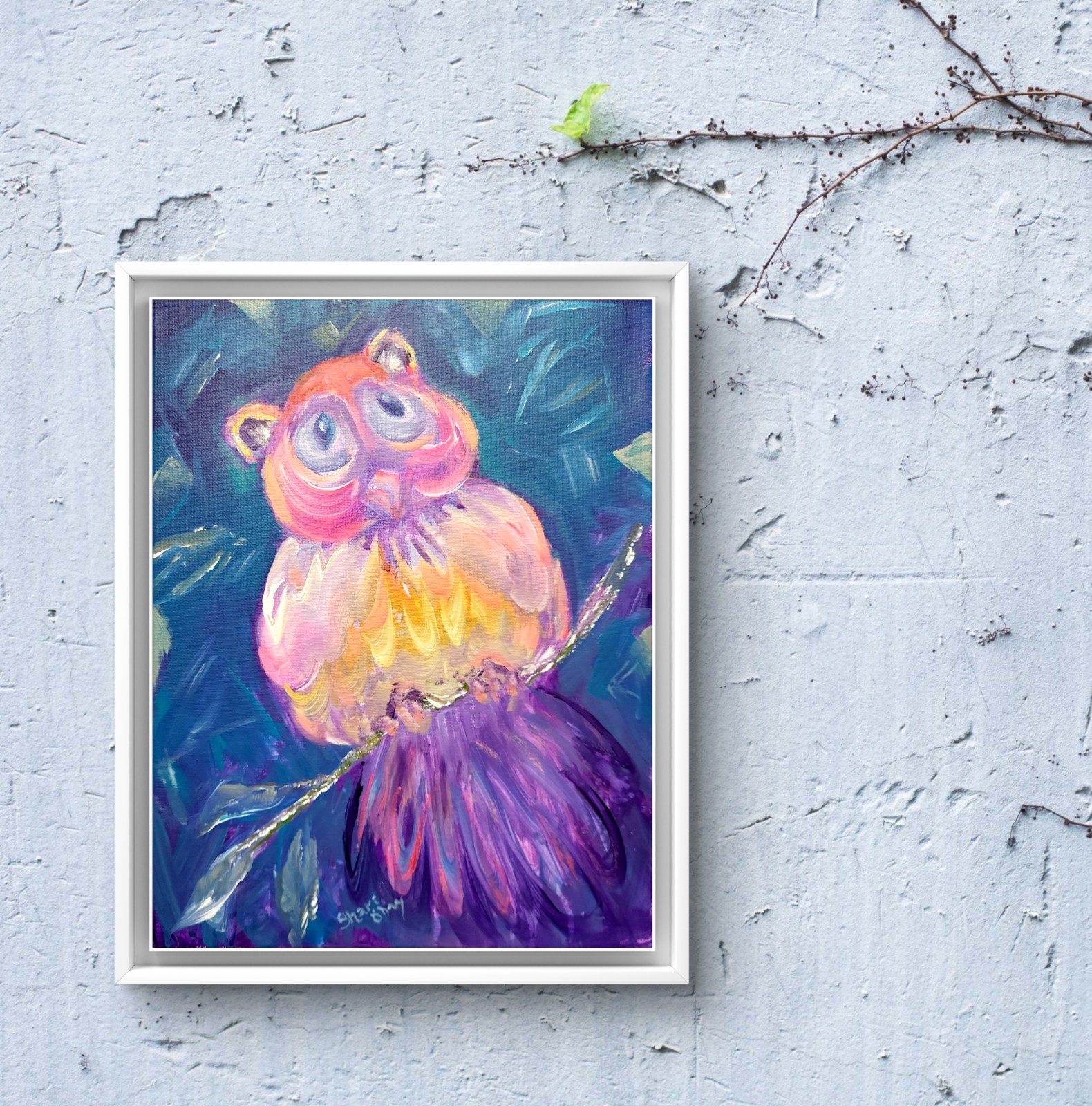 14 X 11 Original Whimsical Owl Acrylic Painting Home Decor Modern Art Canvas