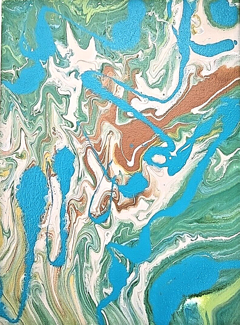 Acrylic Pour Painting Abstract Blue Green Brown White 9×12 Unframed OOAK Gift