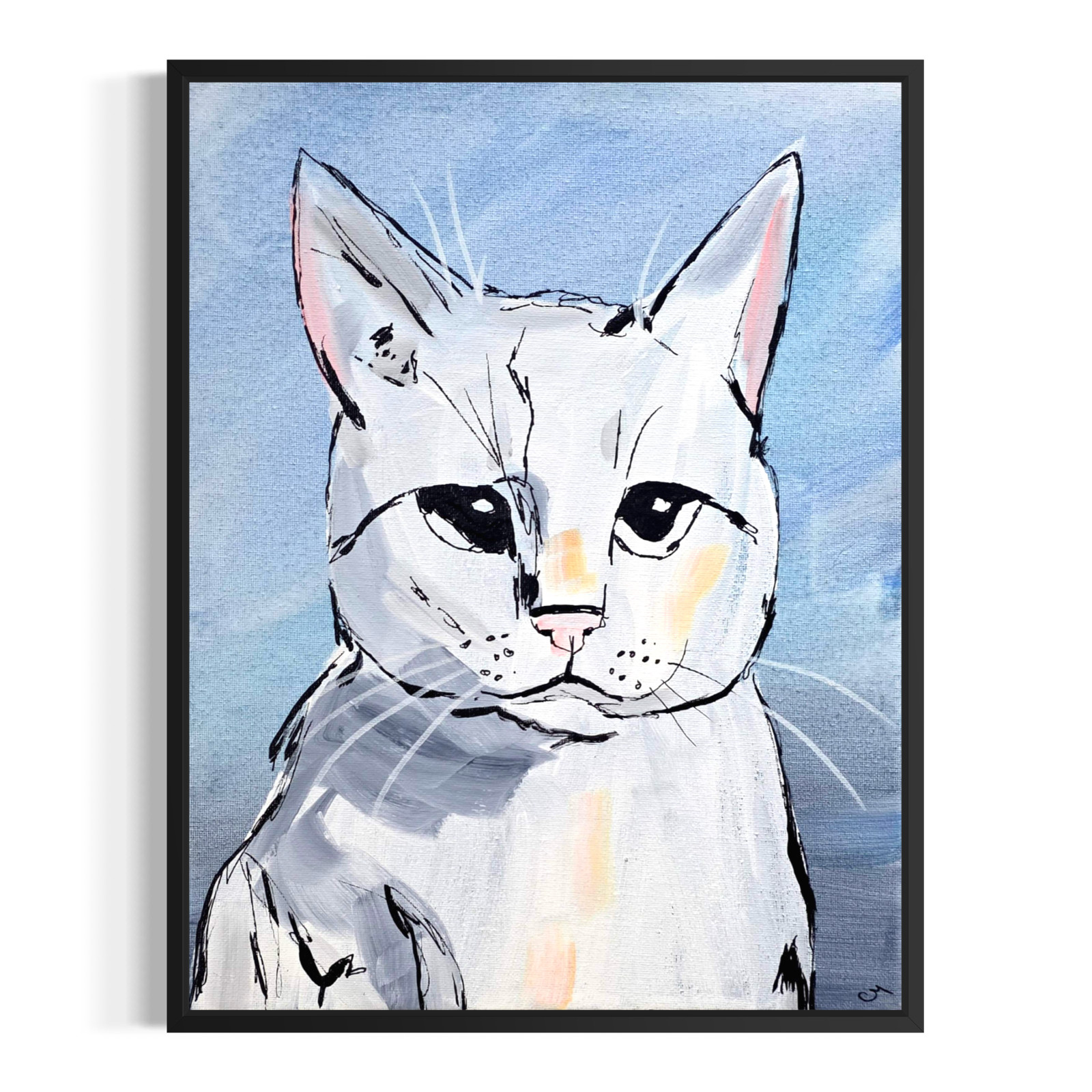 Original Abstract 11×14 Cat Portrait Acrylic Painting Blue Wall Art Home Decor