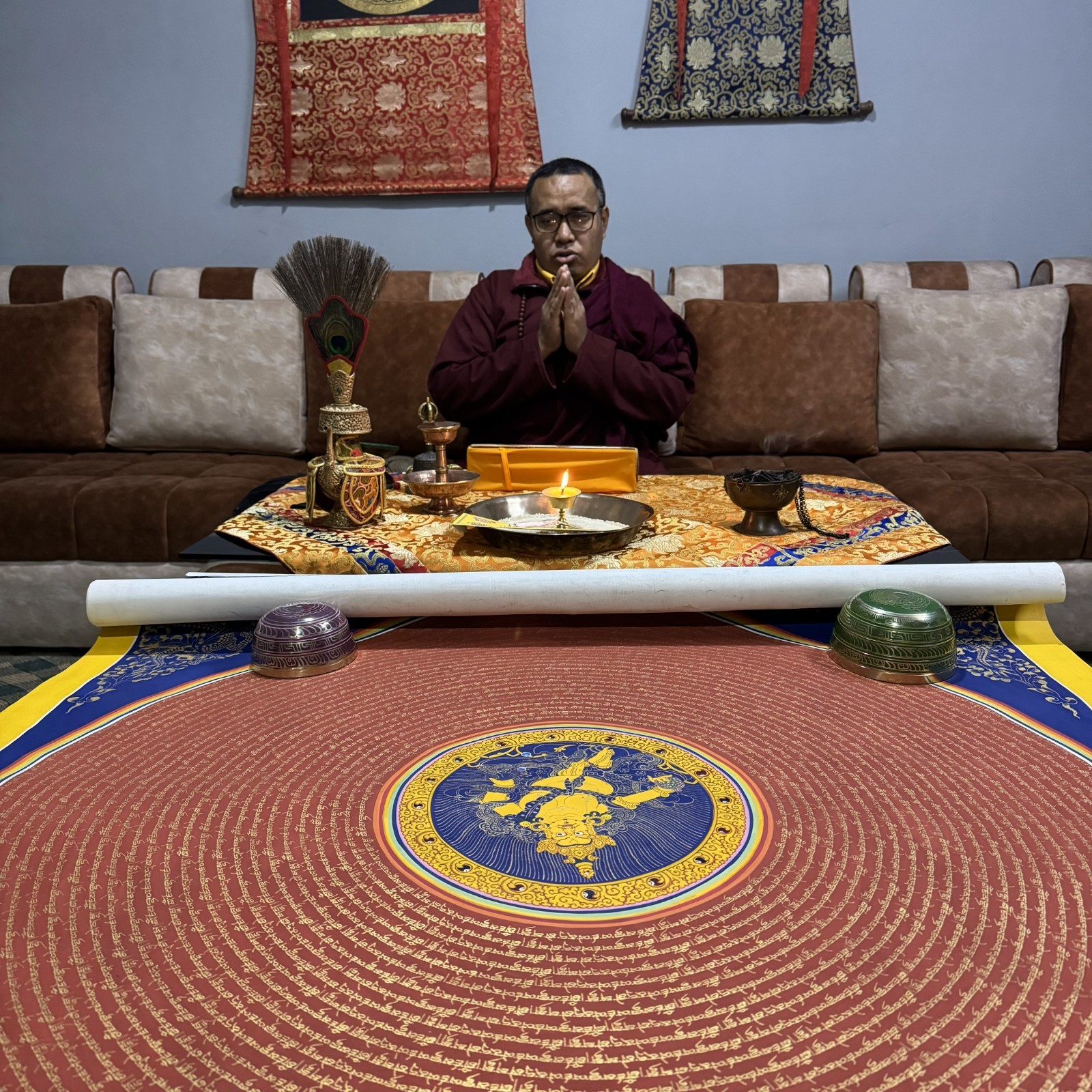 Large Size Dzambala Mantra Mandala Thangka – Hand-Painted Buddhist Wealth Deity