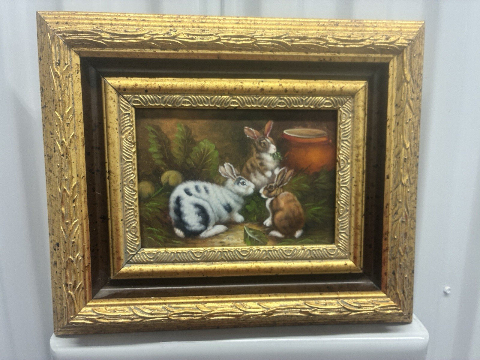 Vintage Rabbit Oil Painting in Ornate Gold Frame Charming Greenery Scene.