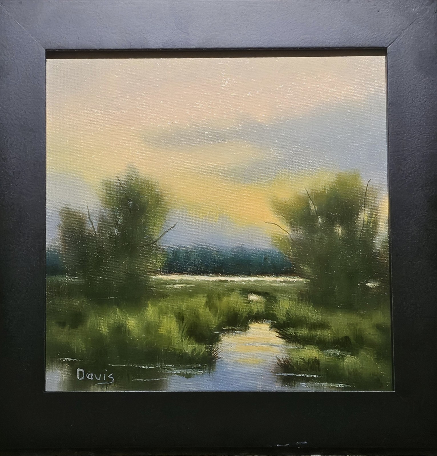 Marsh Light, original oil painting, framed, 8″x8″.
