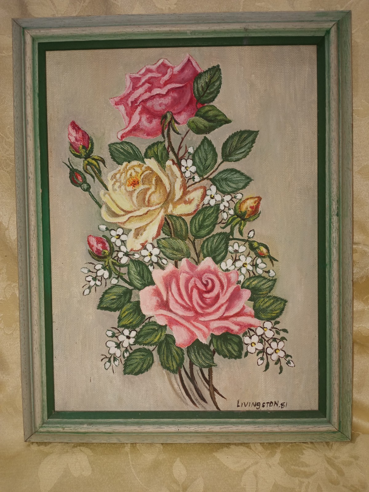Vtg Original Framed & Signed Still Life Pink Roses Bouquet Oil Painting 11”x14”