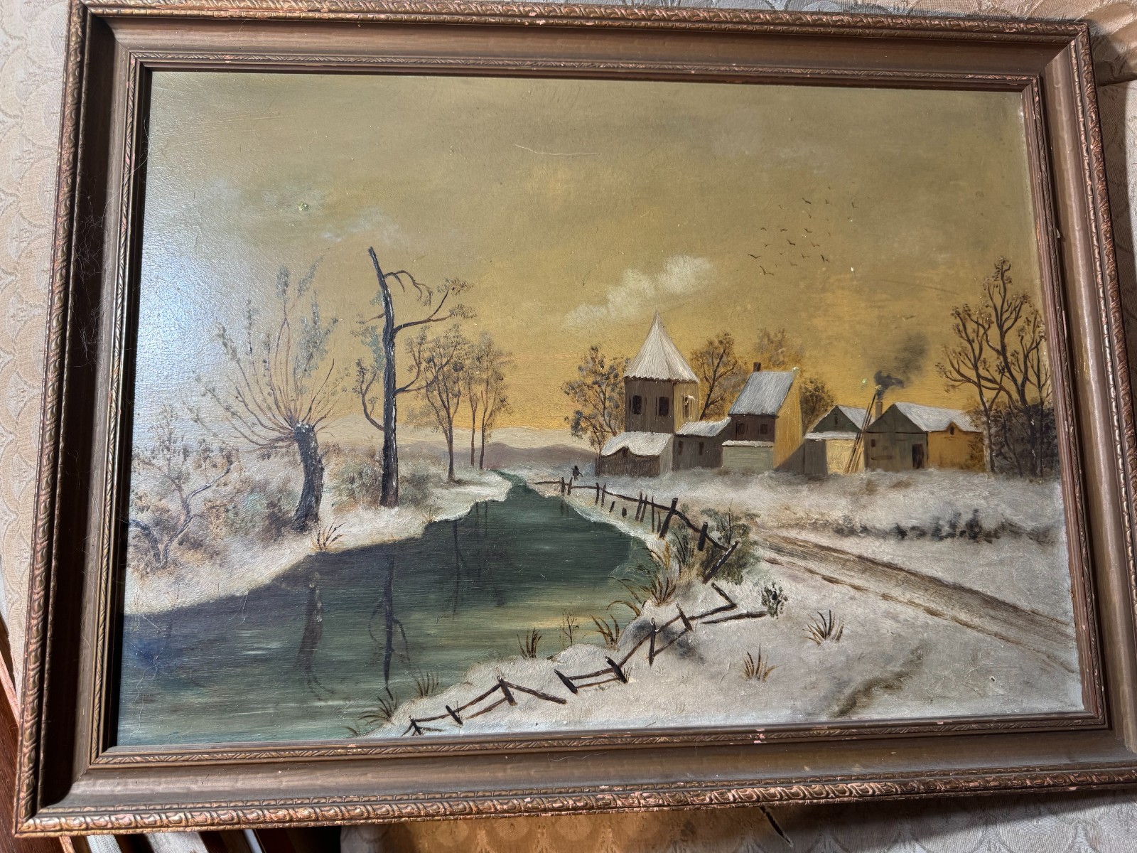 Antique «Winter Landscape With Figure And Homes Scene» Oil Painting – Framed