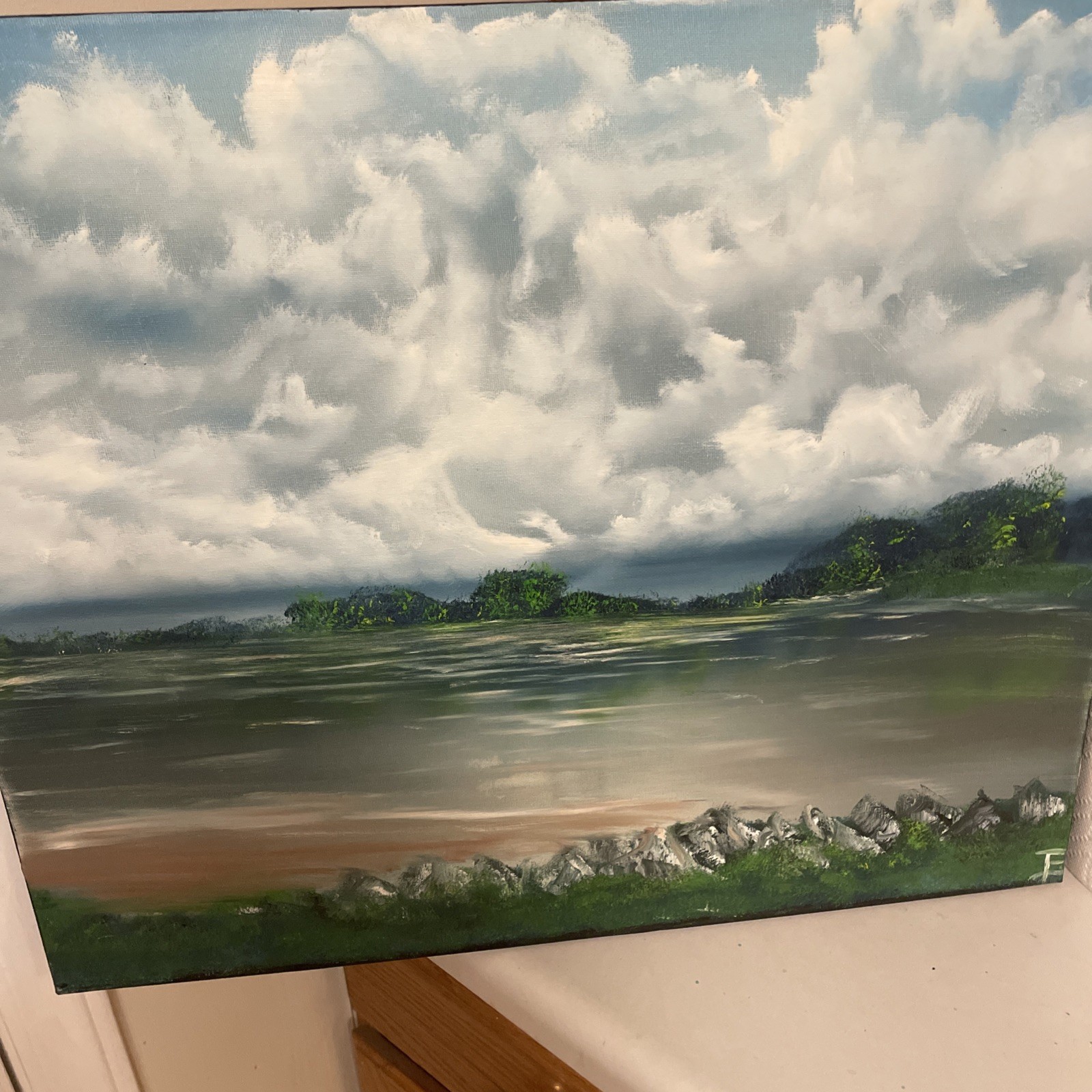 Oil Painting, impressionism, landscape, original, signed, Sky, blue clouds, Land