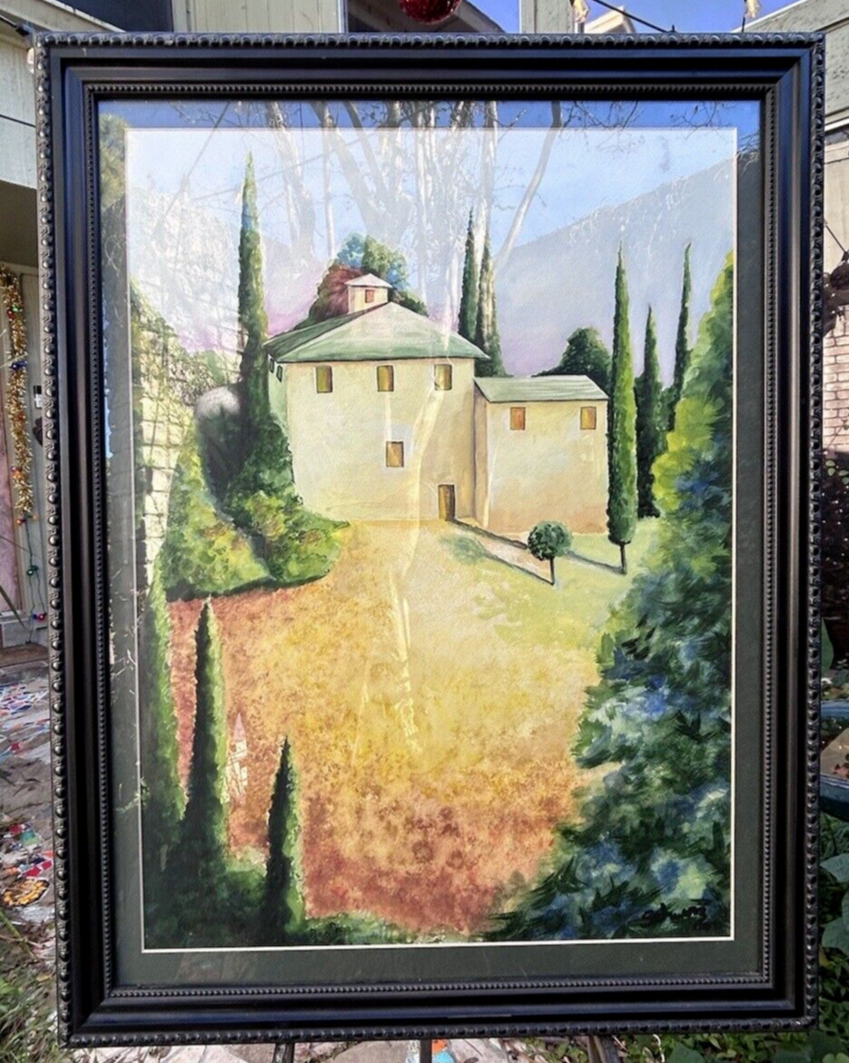 Original Tuscan Landscape Painting Gouache On Paper, Matted, Framed, After Wiens