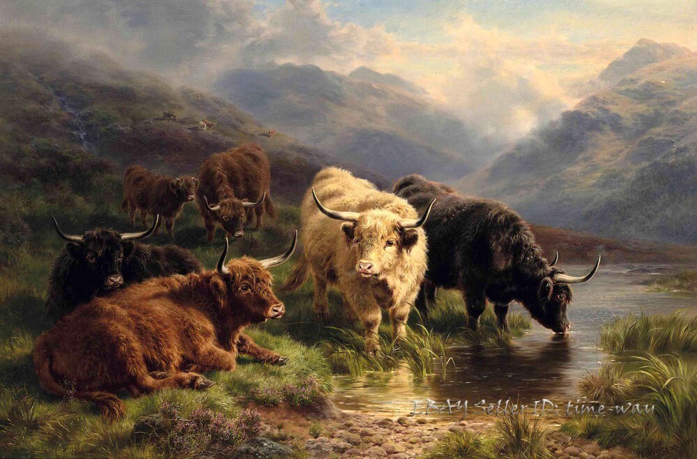 Highland cattle by the river Oil painting Giclee Printed on canvas P2308