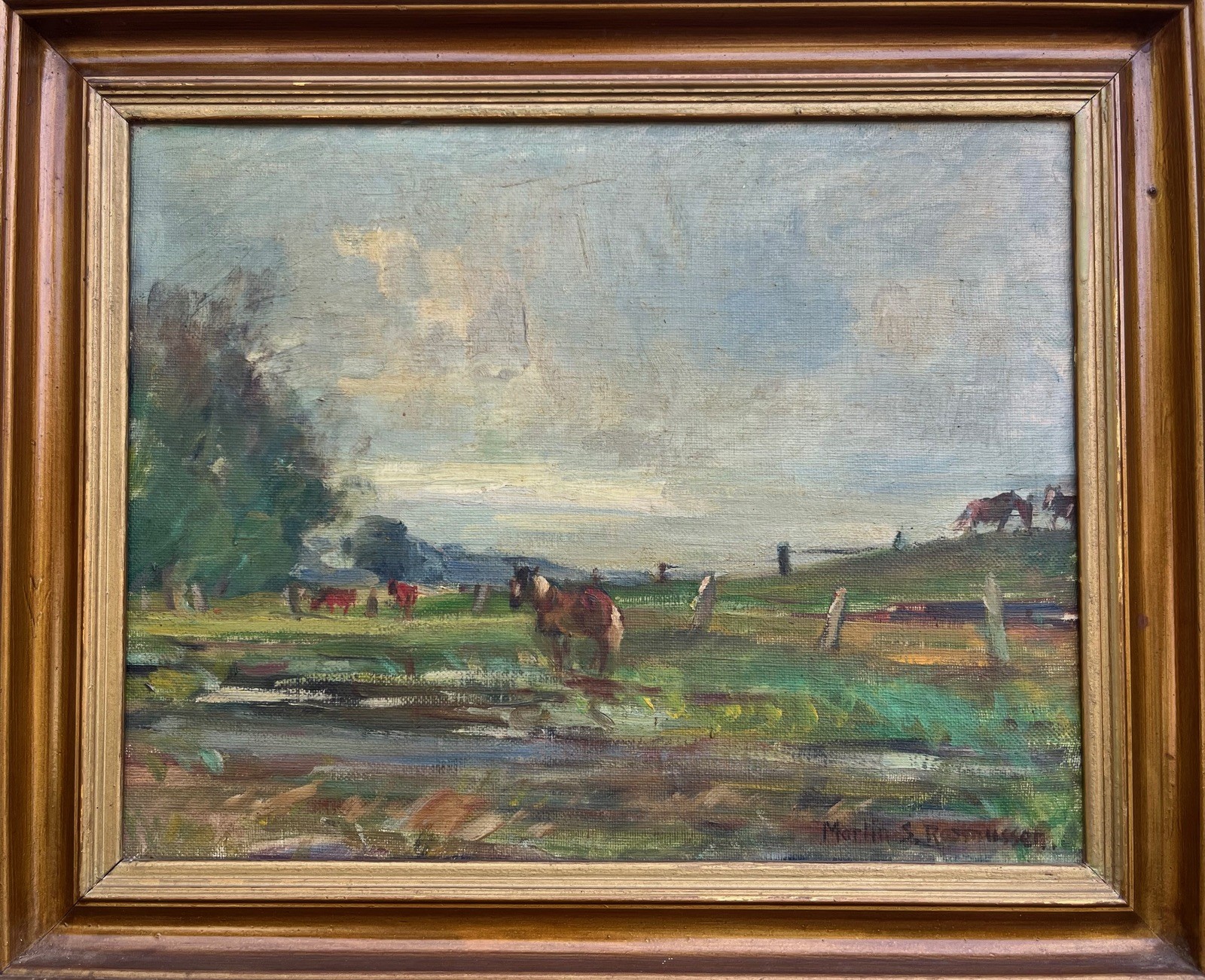 Martin S. Rasmussen 1883-1971 Summer Landscape With Horses Oil Painting Framed