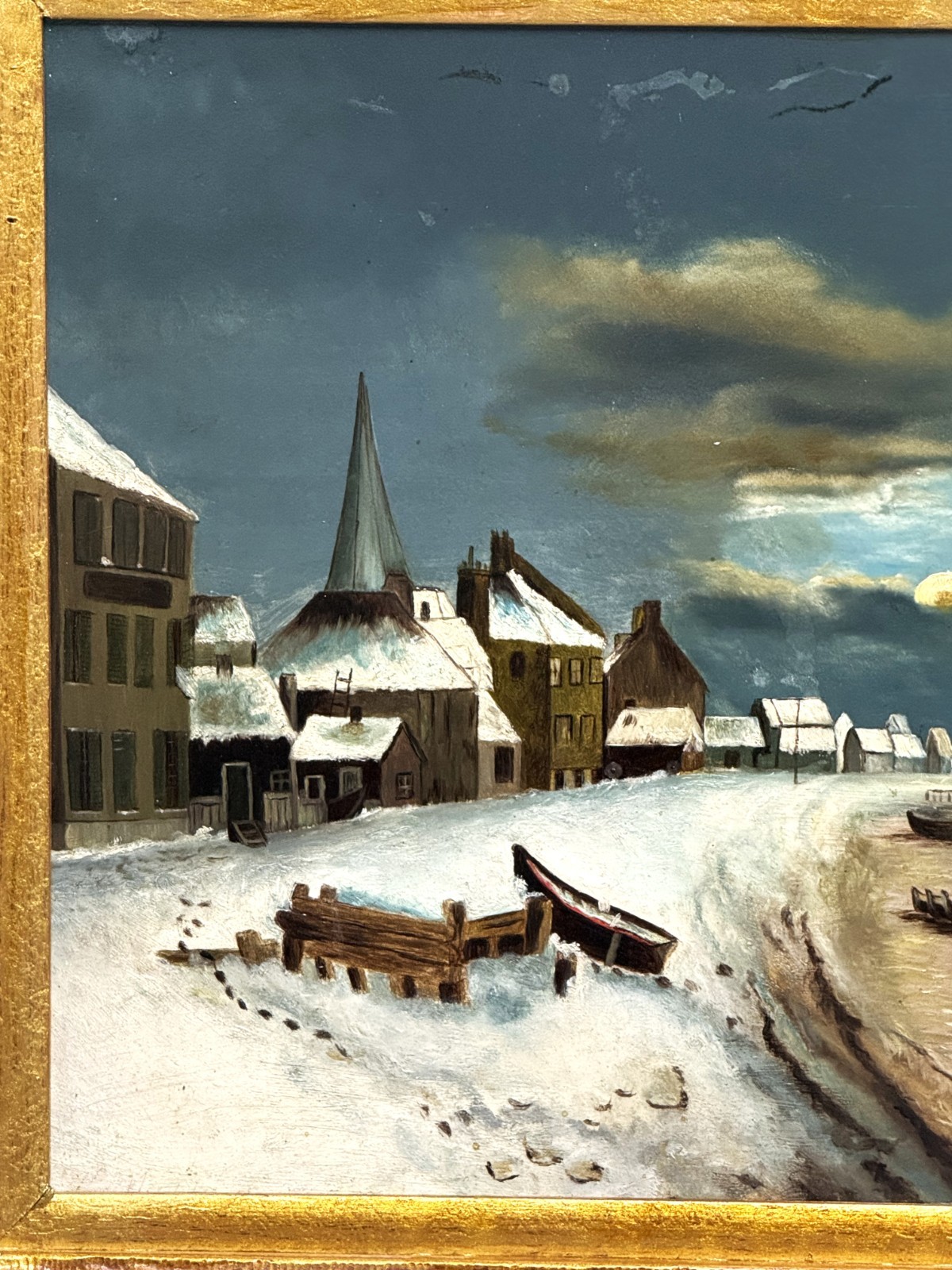RARE VTG 20th C Dramatic Luminist Oil/Panel Hudson Valley Winter Scene, Framed!