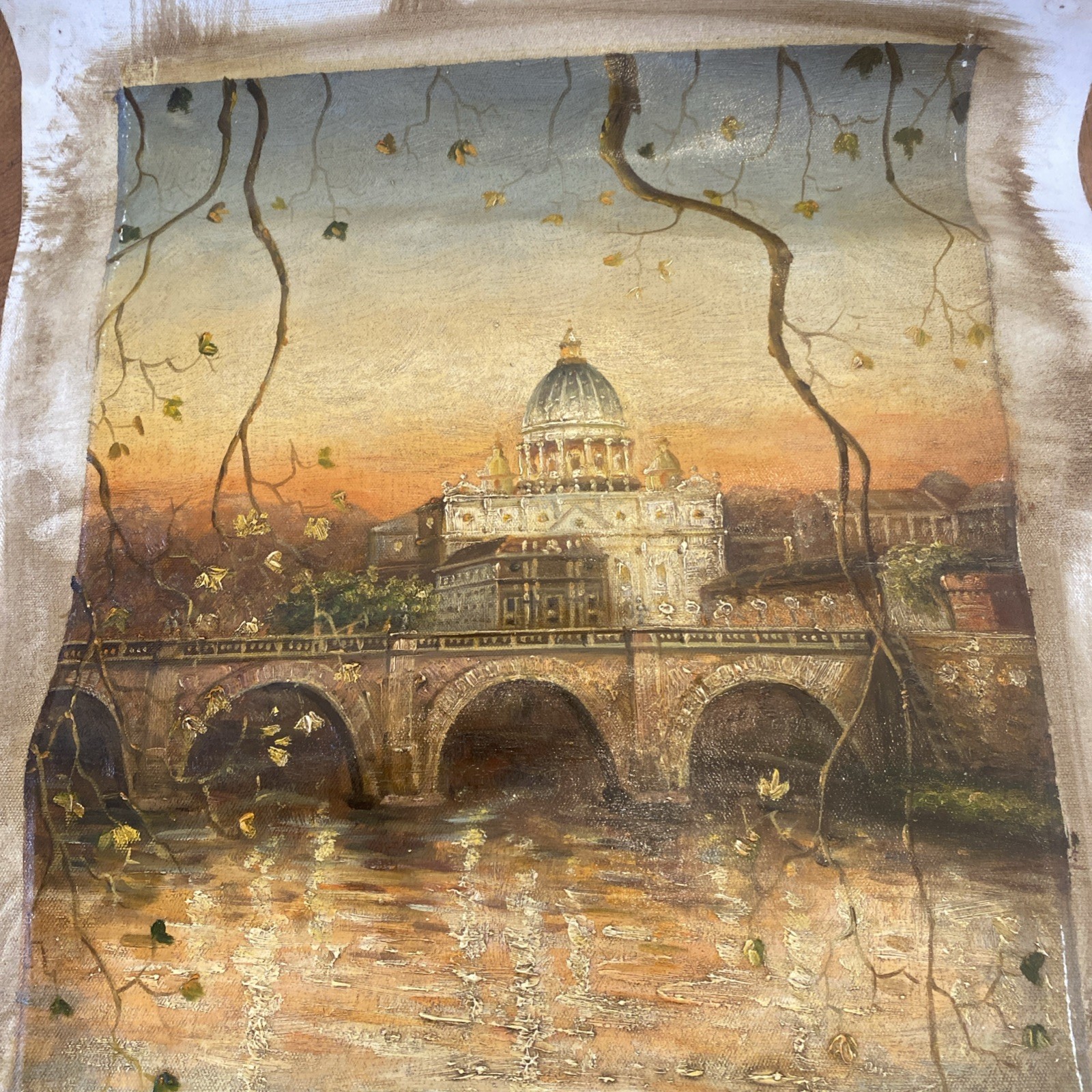 Oil On Canvas St. Peter’s Basilica & Vatican Signed No Frame 18 X 15 Canvas Roll