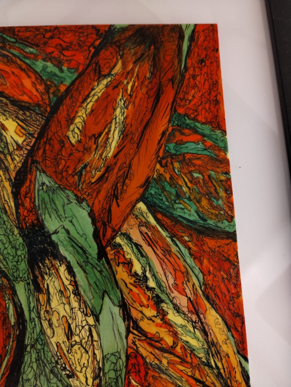 Framed Original Signed Acrylic Modern Painting Heavy Paper Bold Floral Red Green
