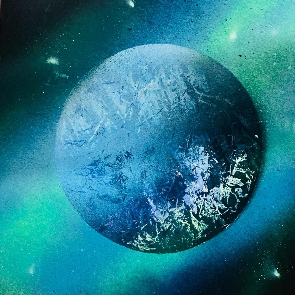 Azure Serenity- Handcrafted Spray Painted Planet Art on Paper