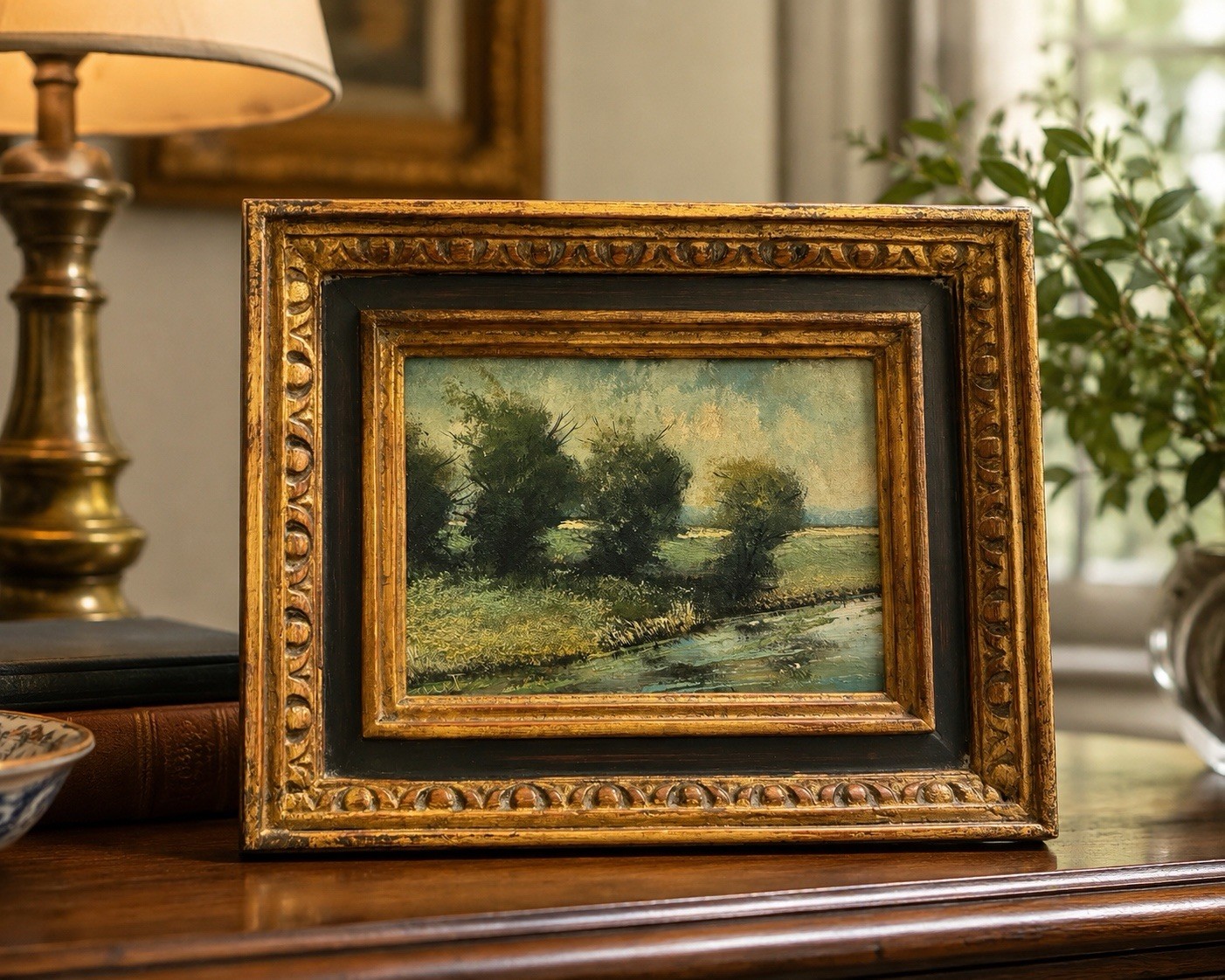 Original Eduard Caret French Oil Painting Riverscape Miniature Framed