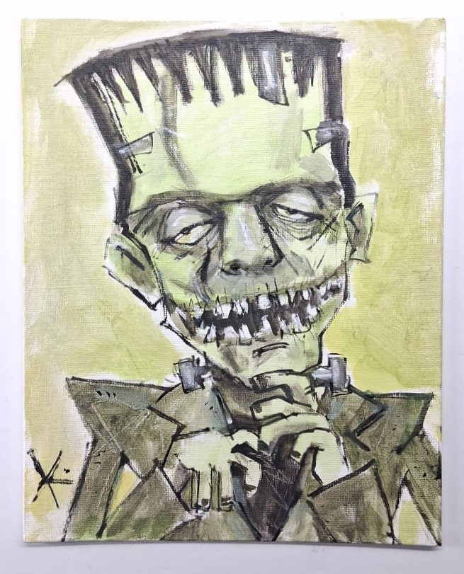 Original Frankenstein Monster Painting Thayer Folk Art OOAK Canvas Not A Print