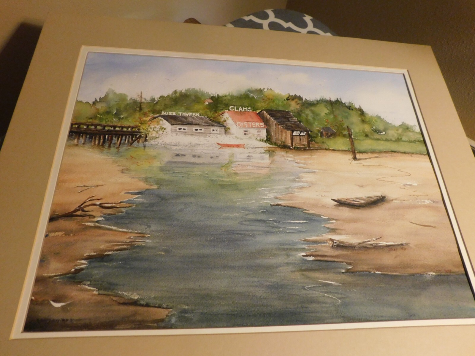 Original Watercolor Clam Oyster Shack Buzz Tavern Boat Signed Janey ’83
