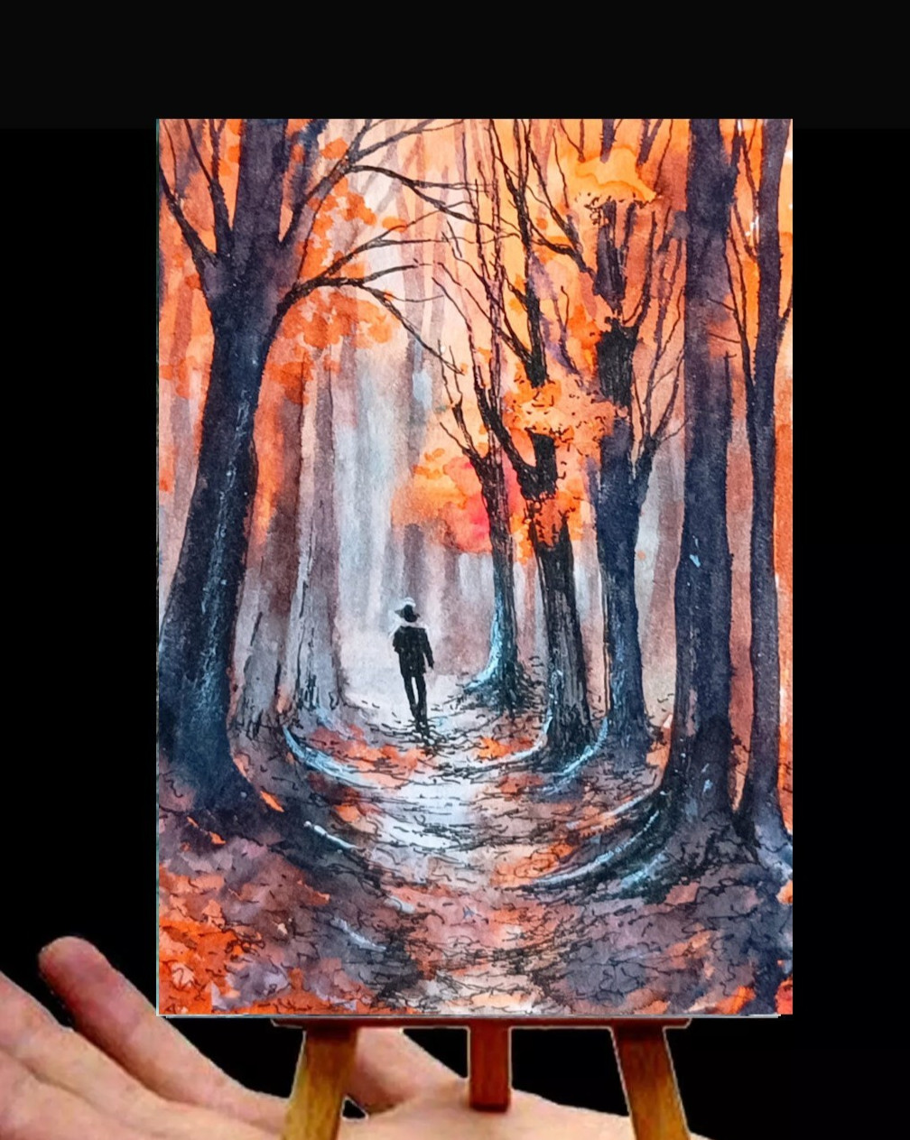 Original Autumn Forest ACEO Fall walk landscape watercolor painting signed