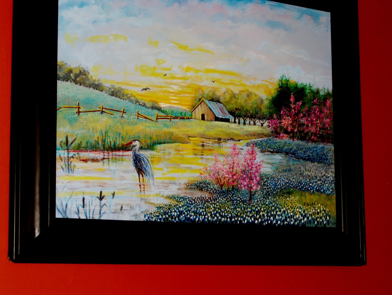 LARGE ORIGINAL Bluebonnet Landscape Barn Fence Heron Pond Blooming Tree Painting
