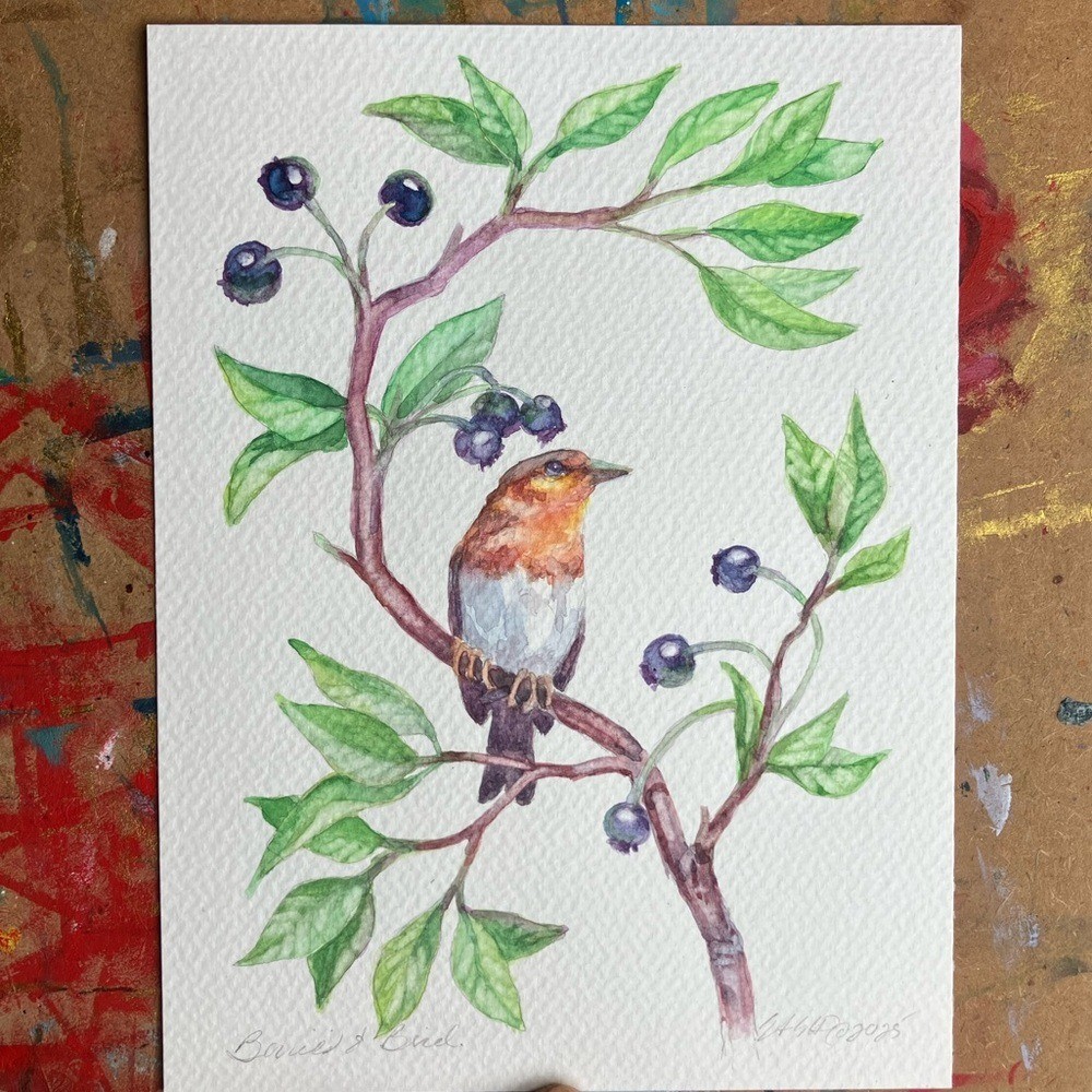Original Bird painting berries tree art nature animal Watercolor artwork EAE USA