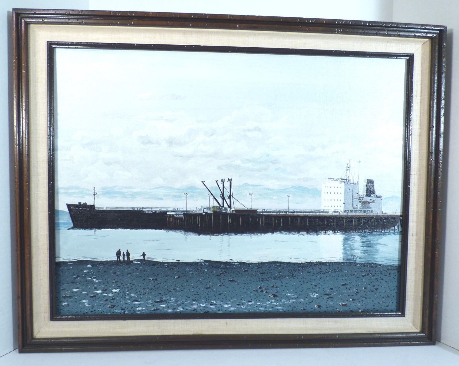 Freighter C-3 Oil Tanker Ship Painting Signed 1982 Docked at Pier 27.5″ X 22″