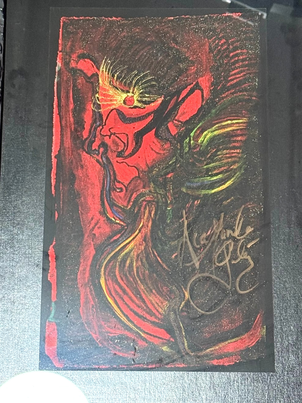 Diamanda Galás Original Signed Painting – Red Expressionist Art in Gothic Frame