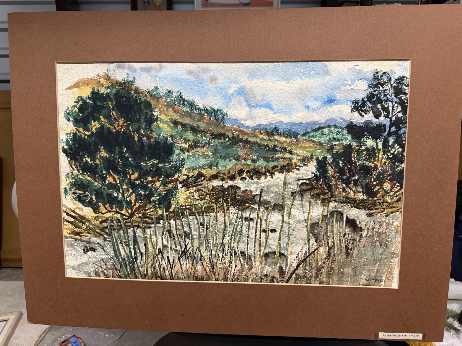 Rasmussen Watercolor Landscape Painting Rocky Mountain Stream Signed 1972 20×27