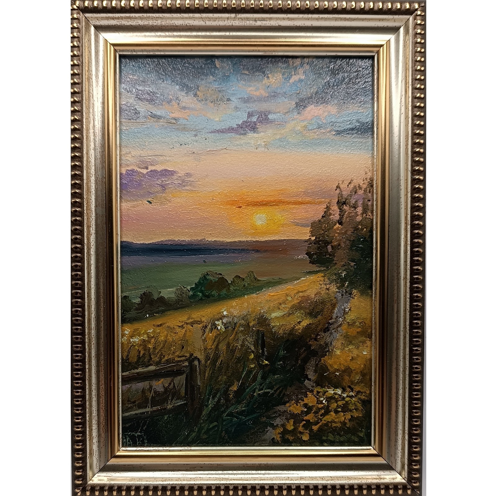 Original Sunset Landscape Oil Painting Field Framed Miniature Country Art 6×4