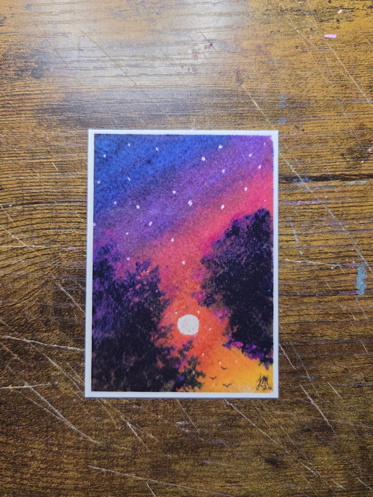 ACEO *Art Print of Original Oil Pastel Painting Beautiful Night Sky El Duderino