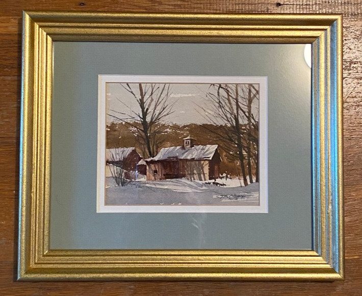 Original Miniature Watercolor Painting Two Barns Winter Landscape – John A Neff