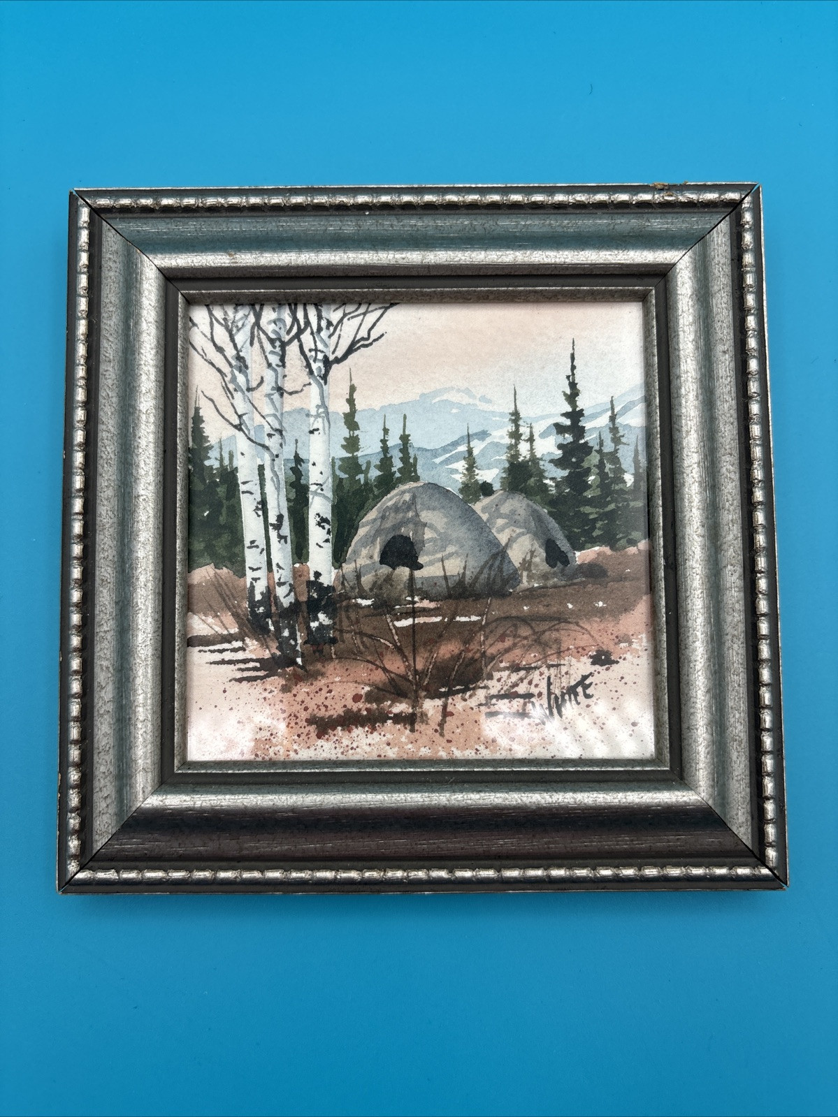 Native Painting Watercolor Miniature 5 3/4 In Aspen Trees Mountain Signed White