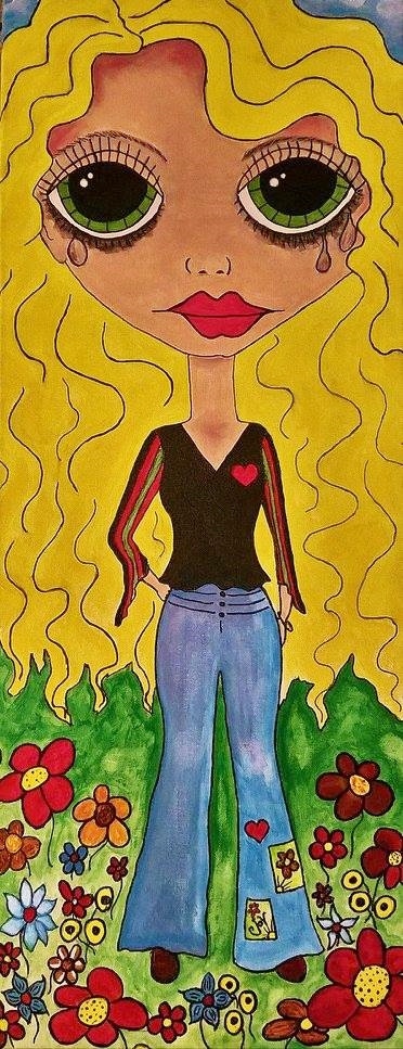 70s Girl Hippie Flowers inspired Big Eyes Wood Print Approx 6 x 16 Orig Design