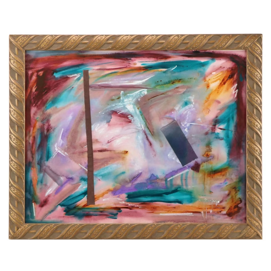 Vintage 20th century Abstract Mixed Media Painting with Energetic Colors