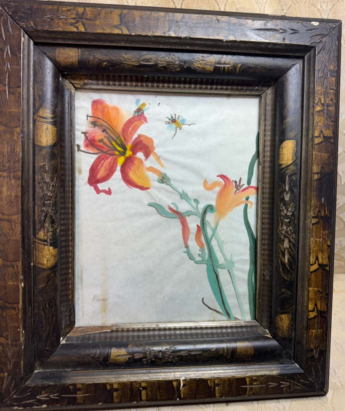 Antique «Naive Floral Scene With Insects» Watercolor Painting – Framed