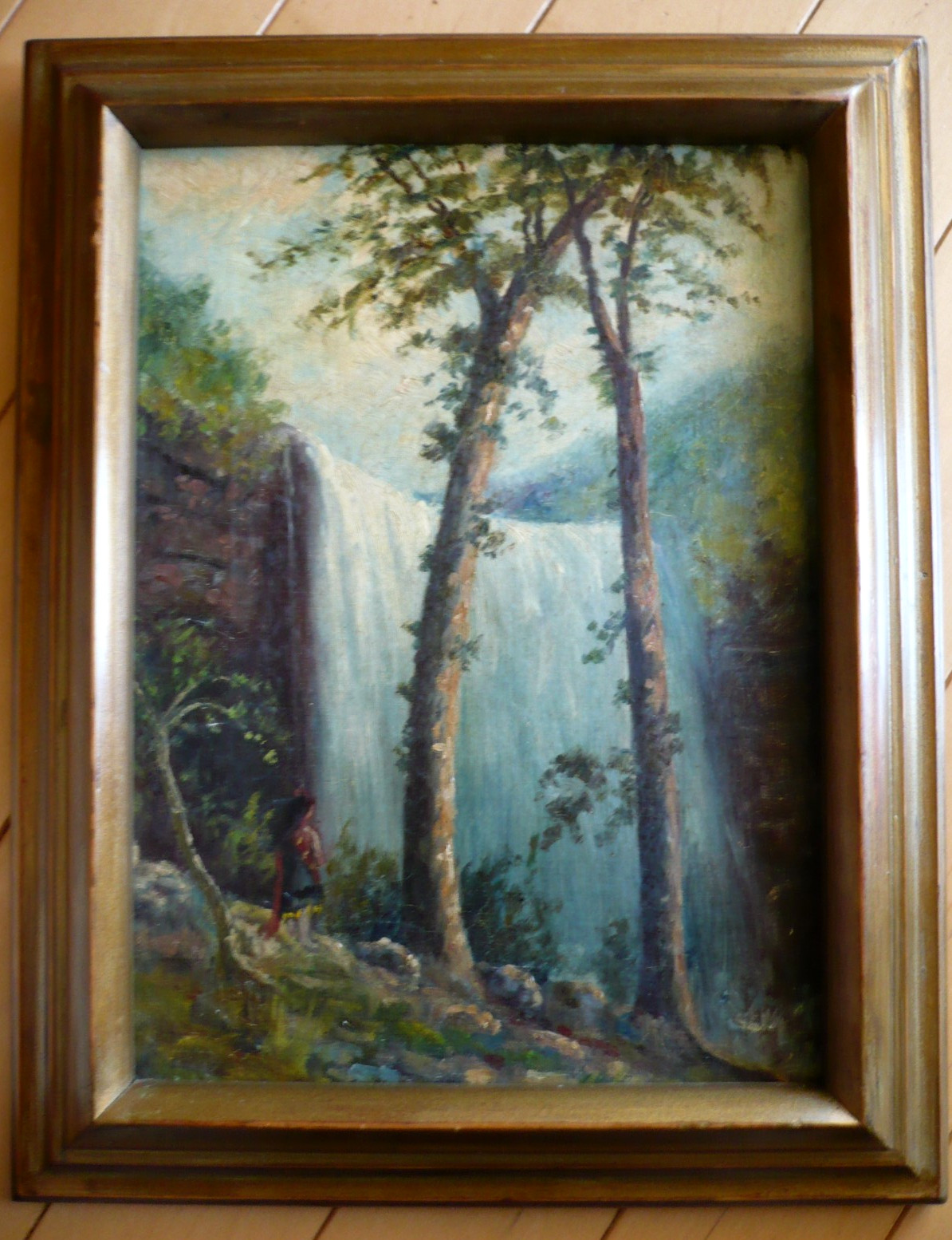 MINA BOEHM METZGER, NEW YORK IMPRESSIONIST OLD ANTIQUE, FOREST NATURE WATERFALL