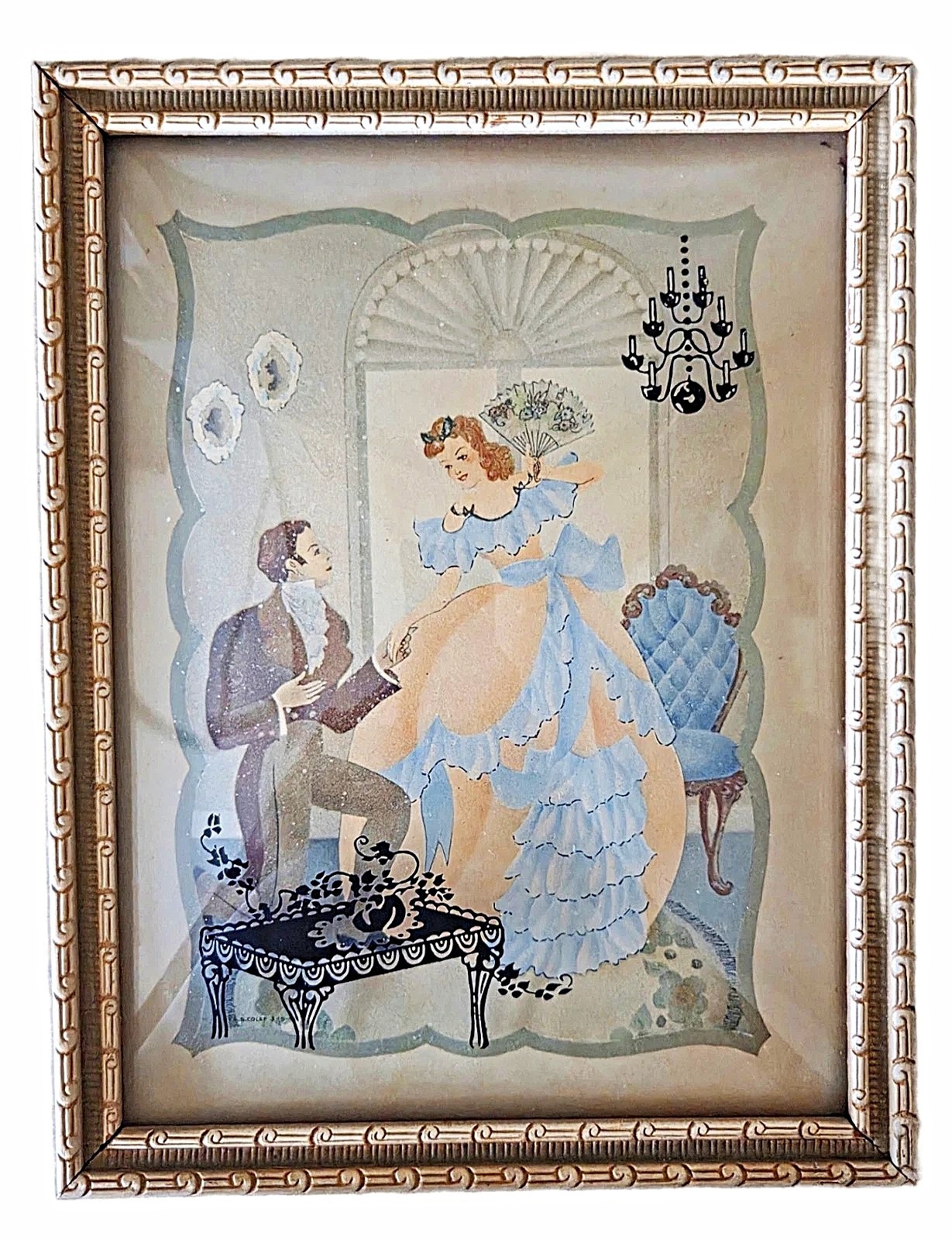 Vintage Convex Glass Reverse Painted Man and Woman Courting Picture 9″x 7″