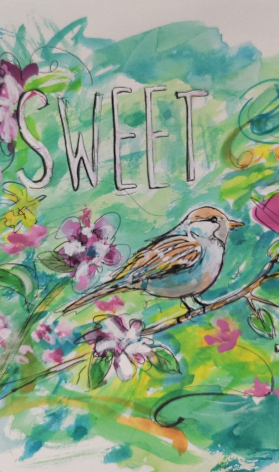 Original 9″x 12″ Abstract Expressive Sweet Tweet Bird Acrylic Ink On PAPER Art