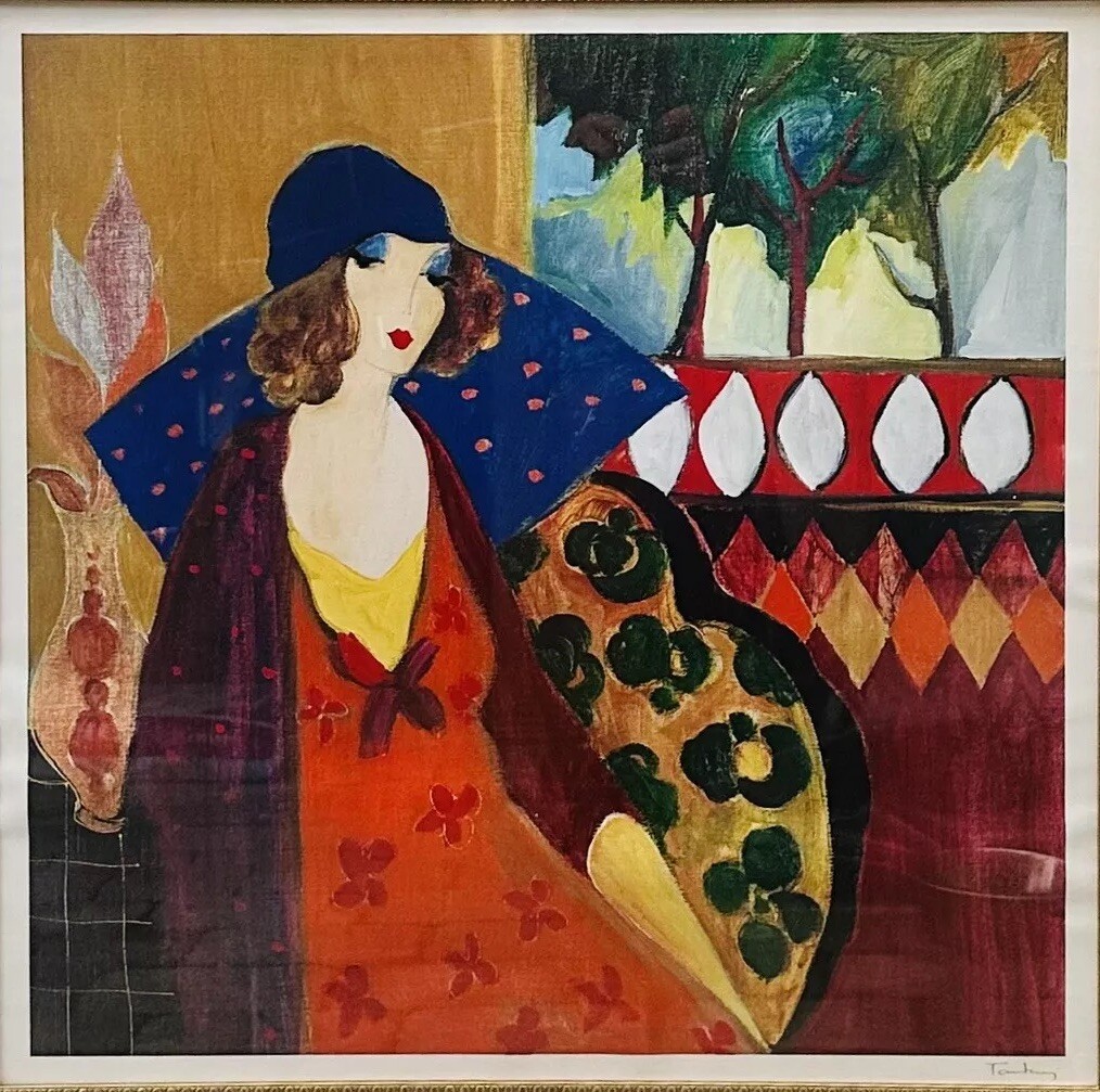 Itzchak Tarkay “Indigo Chapeau” COA & Appraisal 25”x25” Seriolithograph/ Signed