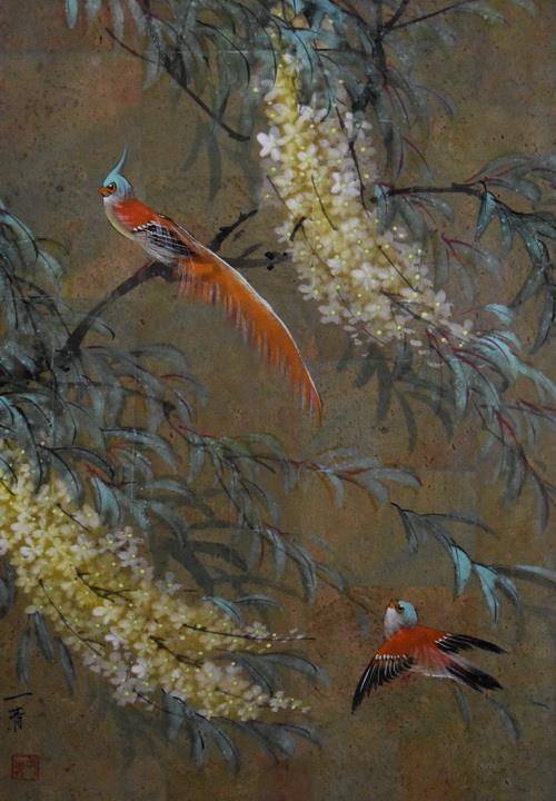 LOVELY HAND PAINTED SIGNED ASIAN WATERCOLOR PAINTING BIRDS AND FLORAL MOTIF #1