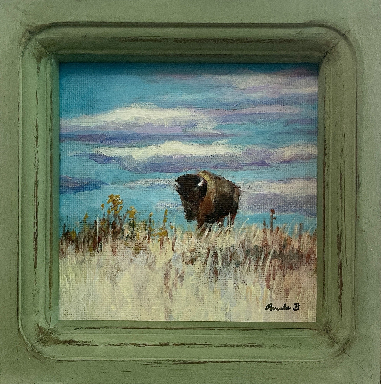 Buffalo Prairie Landscape Original Painting Framed Mini Western Art