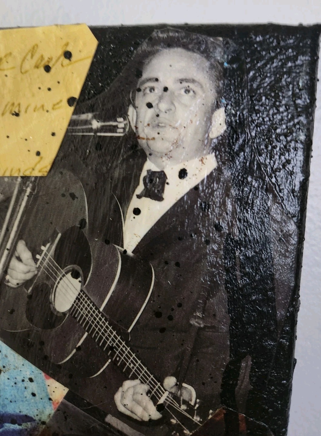 Large Johnny Cash Acrylic Paintin Collage Art. Heavily Textured & Burned! 16X20