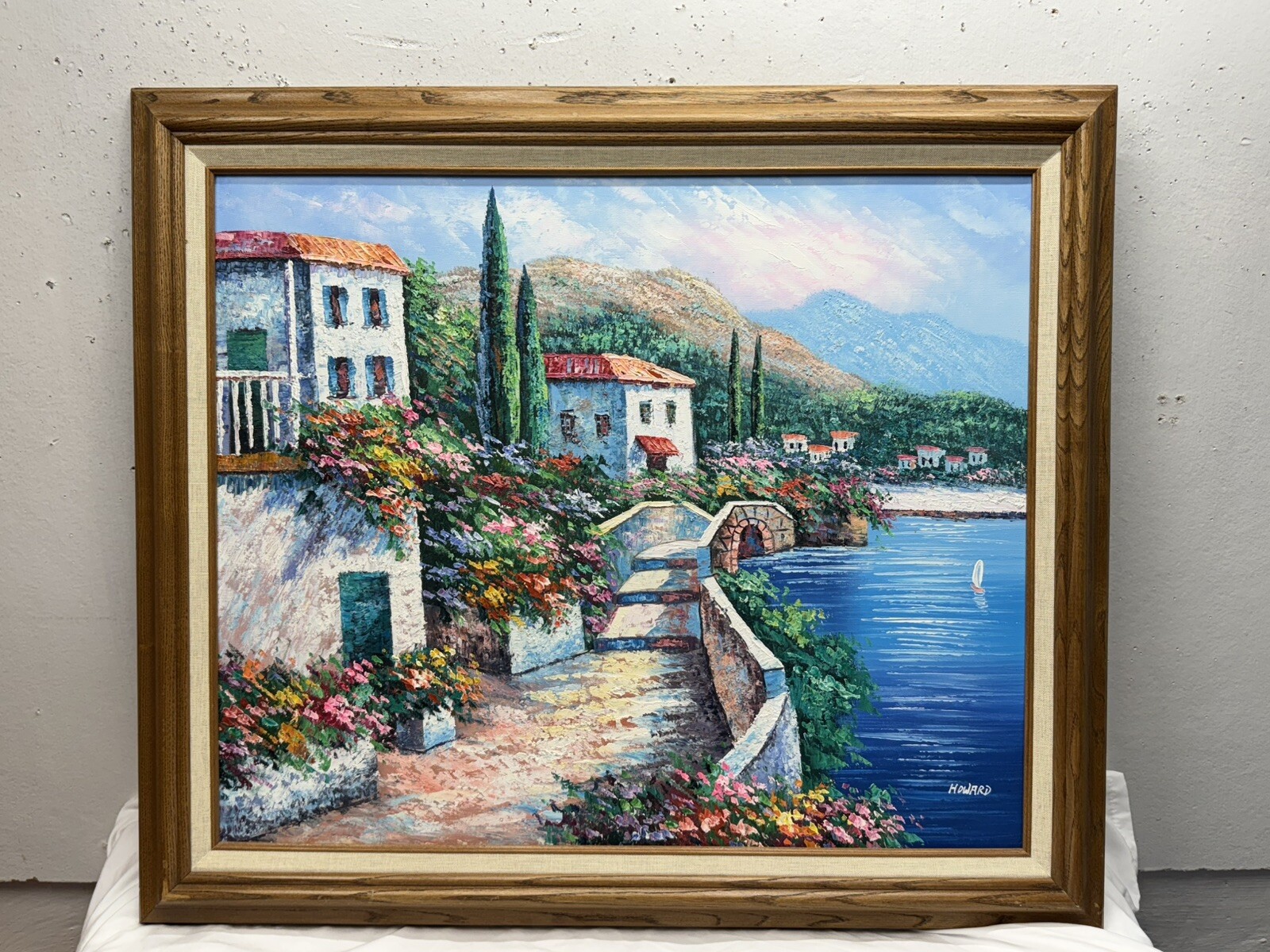 Vintage Original Oil Painting Seaside Villa Framed Signed Howard
